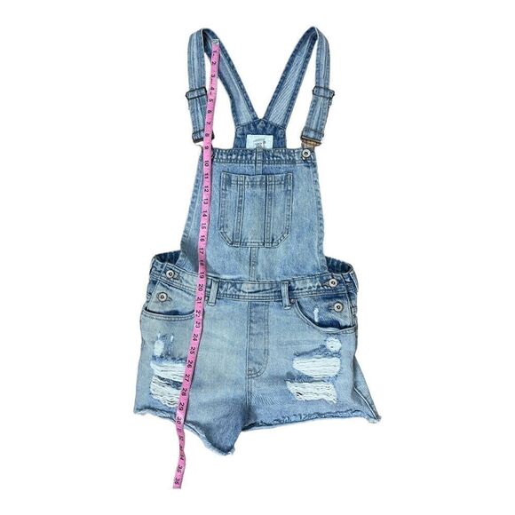 Forever 21 Blue Denim Jean Adjustable Raw Hem Overalls Shortalls Distressed - Picture 3 of 5